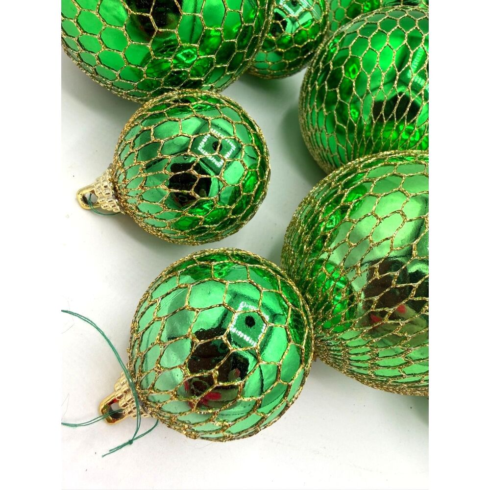 LOT Vintage Gold Net Covered Christmas Ornaments Balls Green 1970s